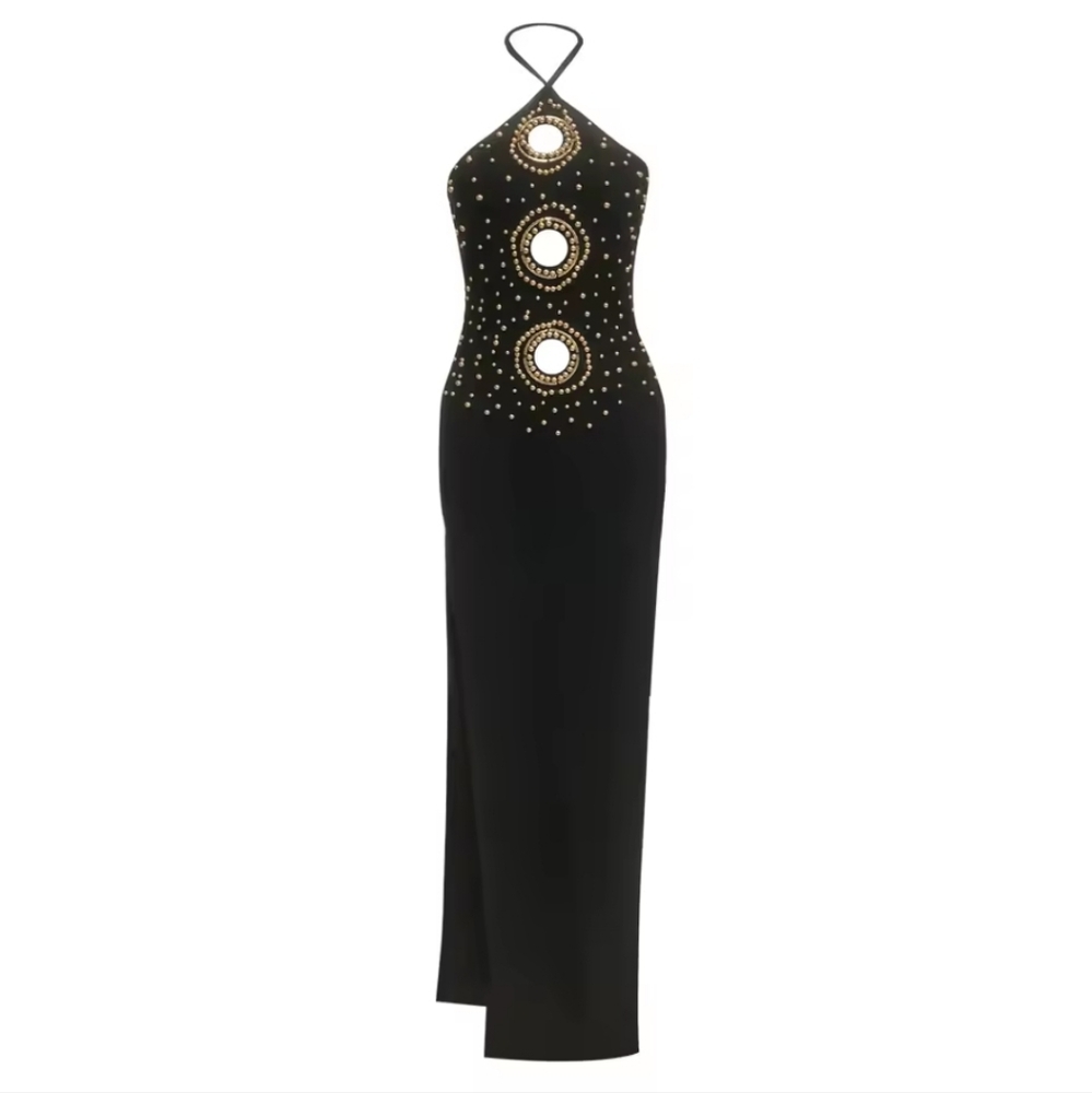 Black Color Women Sexy Halter Off the Shoulder GoldenBeading Bodycon Bandage - Picture 4 of 7